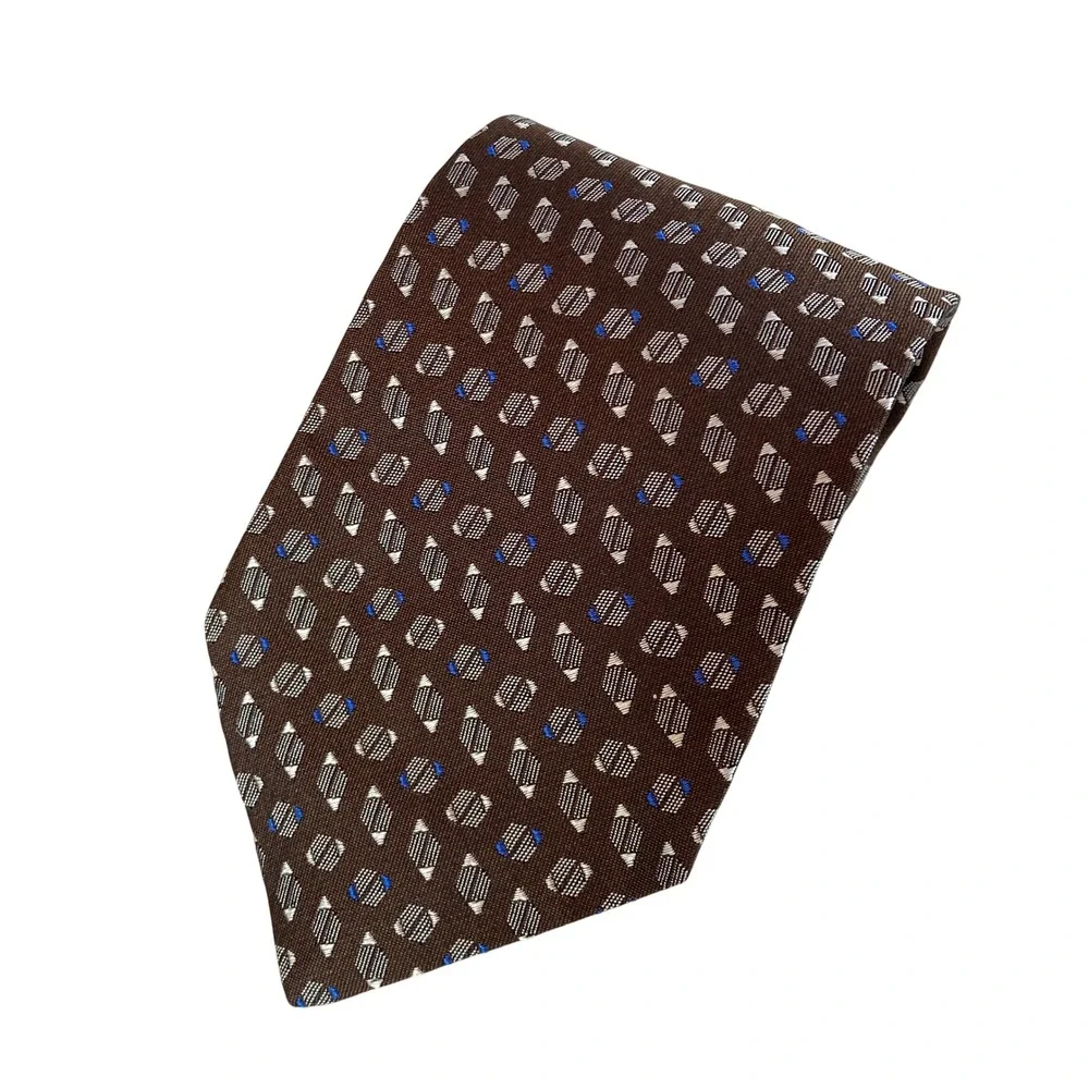 Lauren Ralph Lauren‎ 100% Silk Hand Finished Tie Brown Blue Classic Geometric
